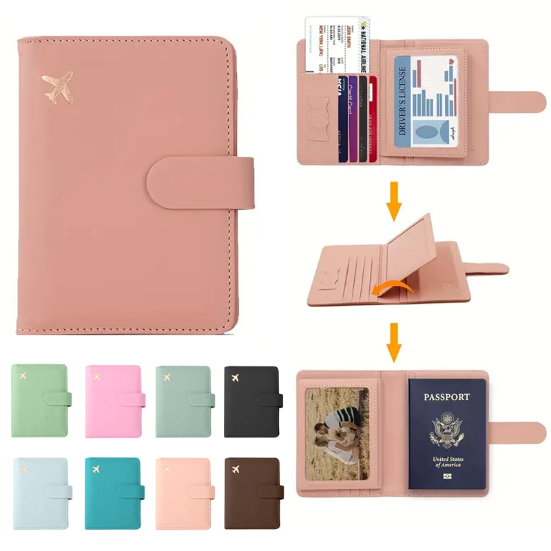 Travel Accessories Plane - 防水レザーパスポートホルダー かわいいバックル付き - 旅行用ブックカバー カードオーガナイザー 男女兼用