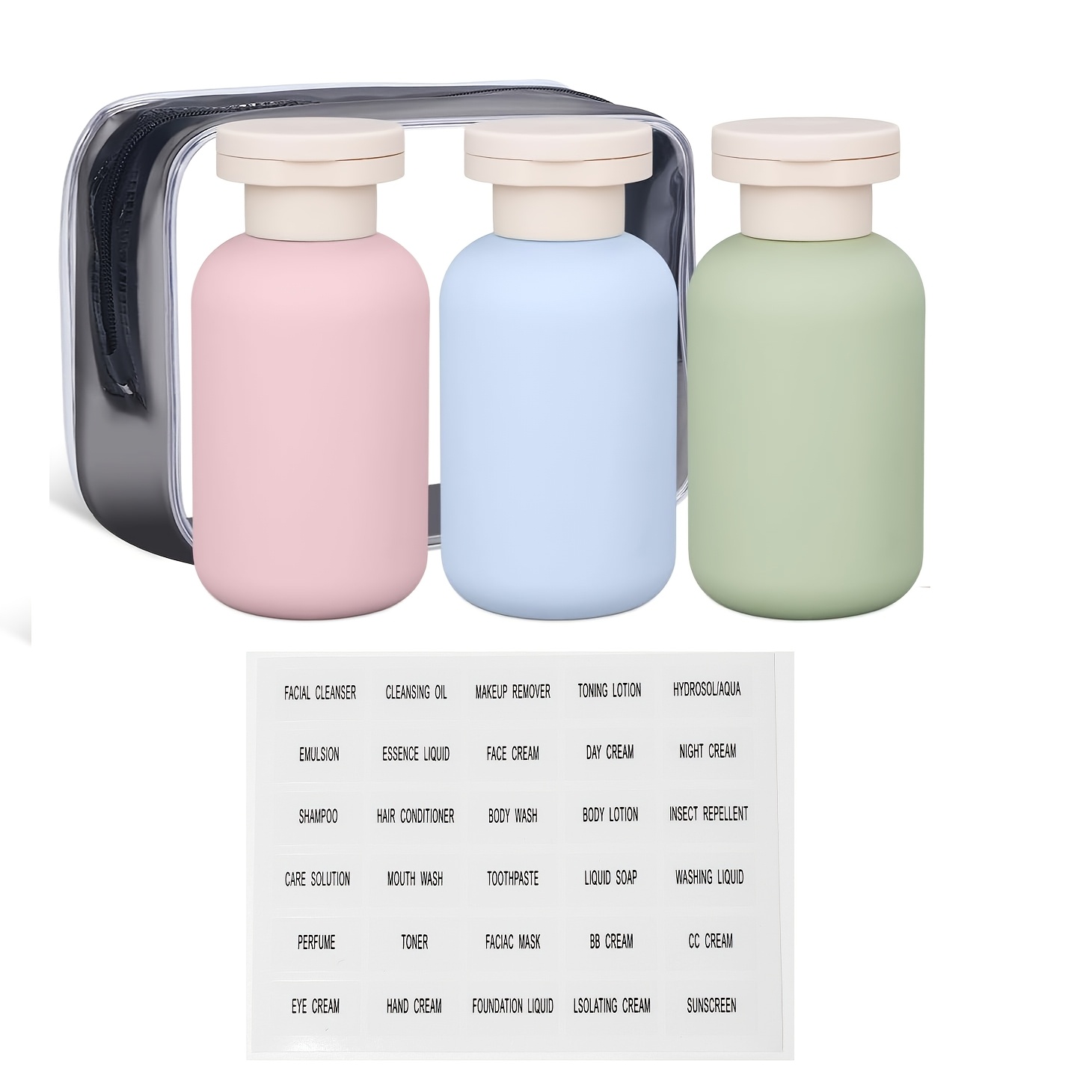 Toiletry Bag Tsa - トラベル用トイレタリーボトル 3.4oz TSA承認済みシリコン製スクイーズボトル3個セット、ラベルと収納バッグ付き、漏れ防止、詰め替え可能