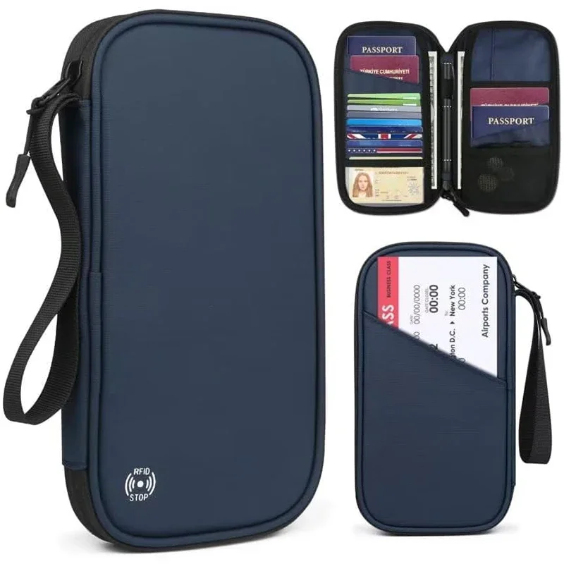 Travel Accessories Comfort - 軽量ファミリートラベルパスポートカバーウォレットジッパー付きオックスフォードドキュメントオーガナイザーバッグ、取り外し可能なリストストラップ付き、女性、男性用