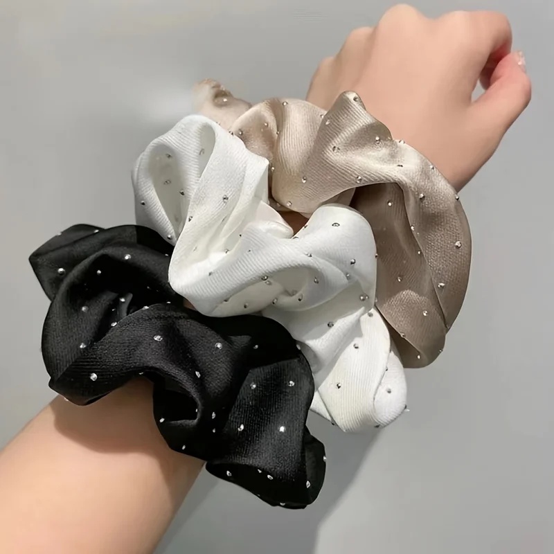Travel Accessories Comfort - 1/3個入りサテンシュシュ ラインストーン装飾付き - 柔らかく快適なヘアゴム ポニーテールやヘアアクセサリーに最適
