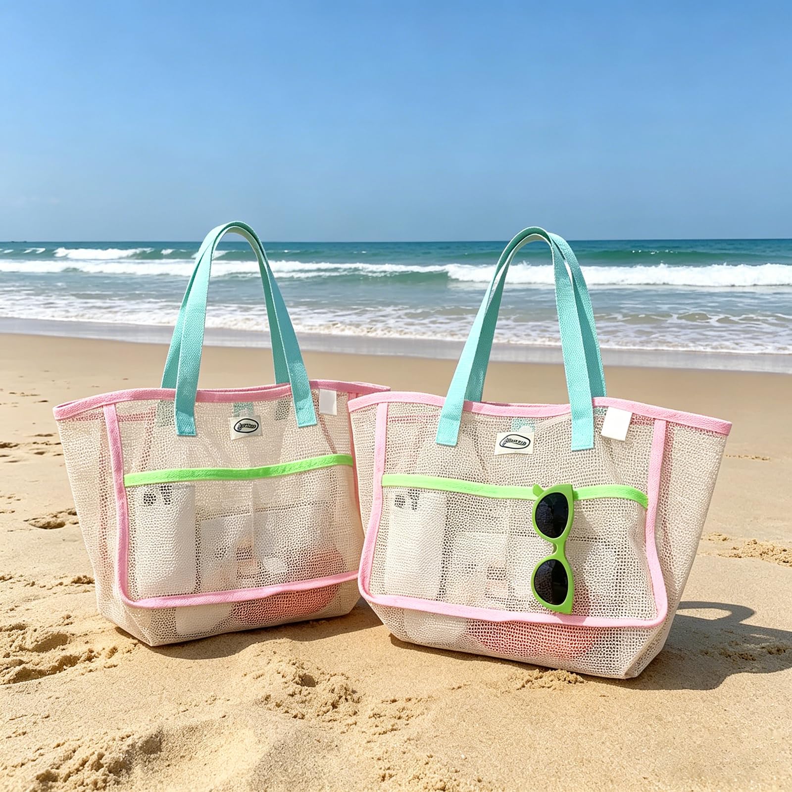 Travel Accessories Gifts - 女性用ビーチバッグ カラフルな折りたたみ式ネットサンドトートバッグ 旅行用プール収納ポケット ビーチアクセサリー用