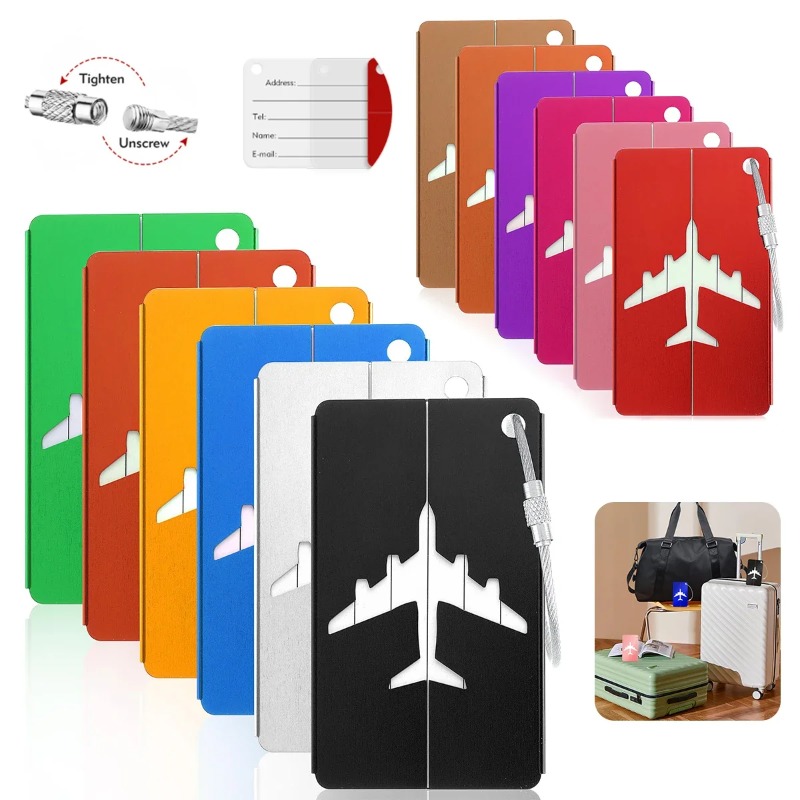 Travel Accessories Plane - アルミ合金製トラベルラゲッジタグ、吊り下げ式スーツケースタグ、飛行機用ネームIDカード付き、紛失防止、単色トラベルアクセサリー