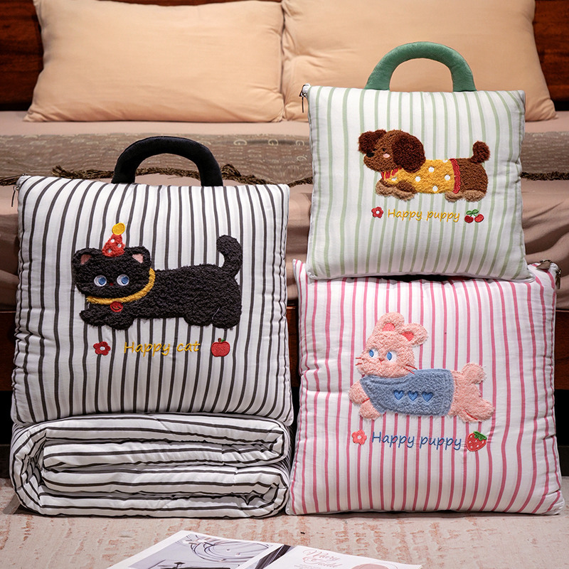 Travel Accessories Gifts - 漫画柄ストライプ枕毛布2-in-1エアコンキルト 車用 ソフトで通気性のある多用途昼寝毛布 女性へのギフト