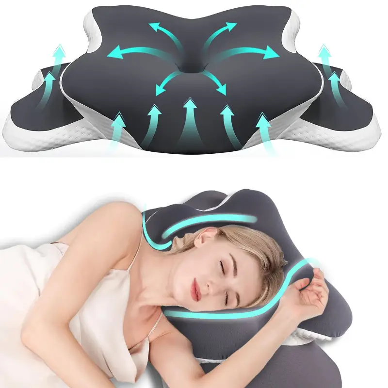 Neck Pillow Memory Foam - 人間工学に基づいたメモリーフォームバタフライネックピロー、C型/高さ調節可能、透明カバーサポート - 横向き/仰向け/枕型睡眠用