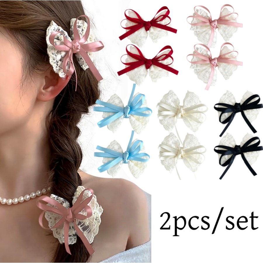 2 ピース/セットかわいいレースの弓ヘアクリップ甘い刺繍リボ - Travel Accessories Gear のレビューと価格