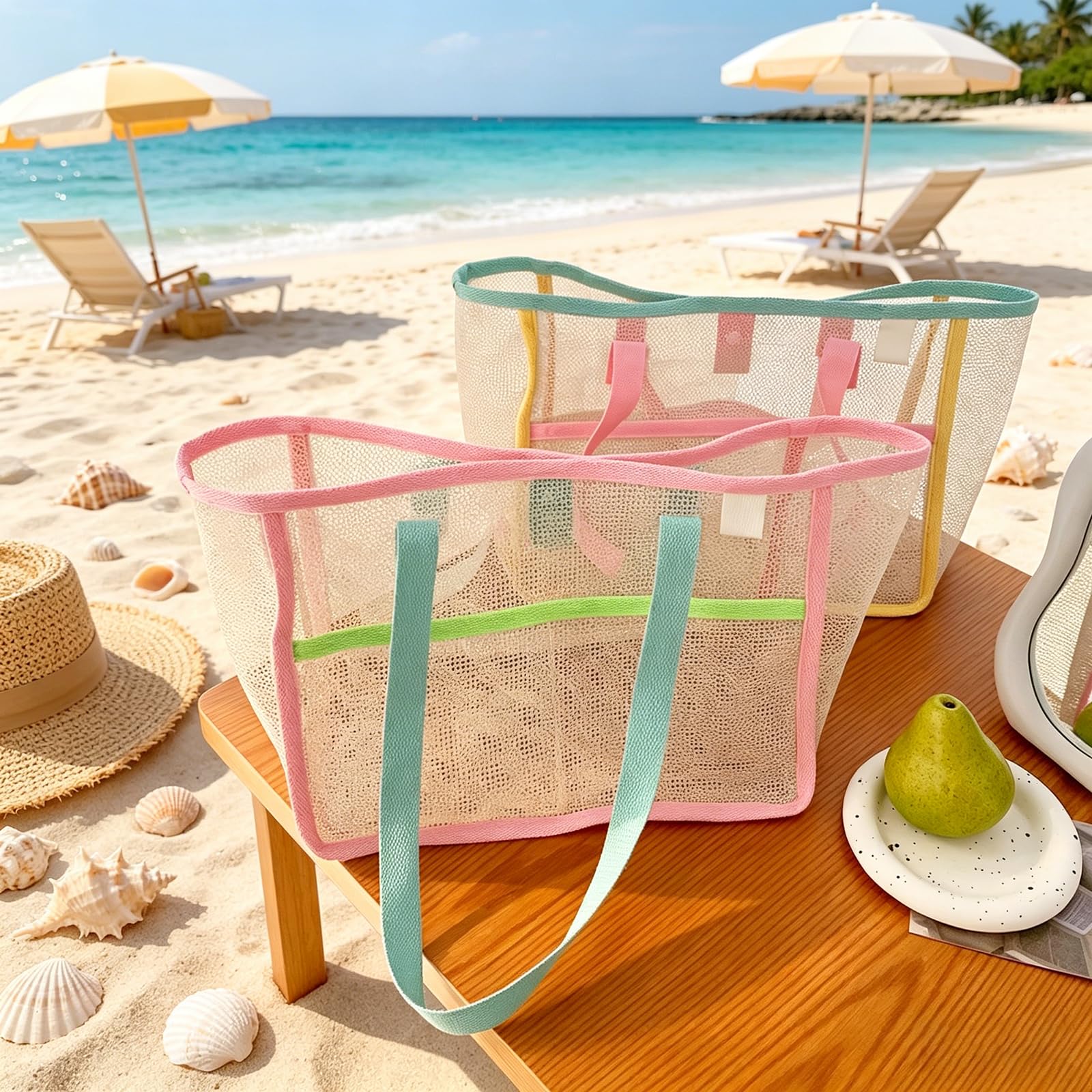 女性用ビーチバッグ カラフルな折りたたみ式ネットサンドトート - Travel Accessories Gifts のレビューと価格