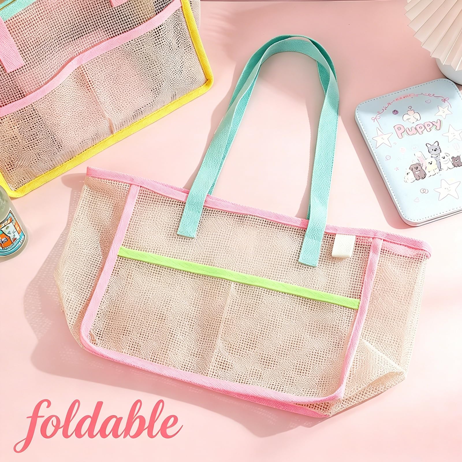 女性用ビーチバッグ カラフルな折りたたみ式ネットサンドトート - Travel Accessories Gifts のレビューと価格